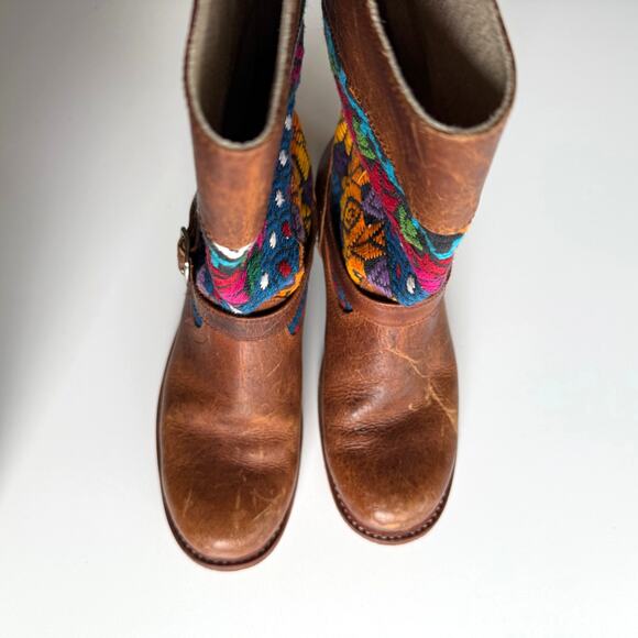 Colorful Huipil and Brown Leather Round Toe Engineer Buckle Boots EU 37 US 6 6.5 - Picture 4 of 7